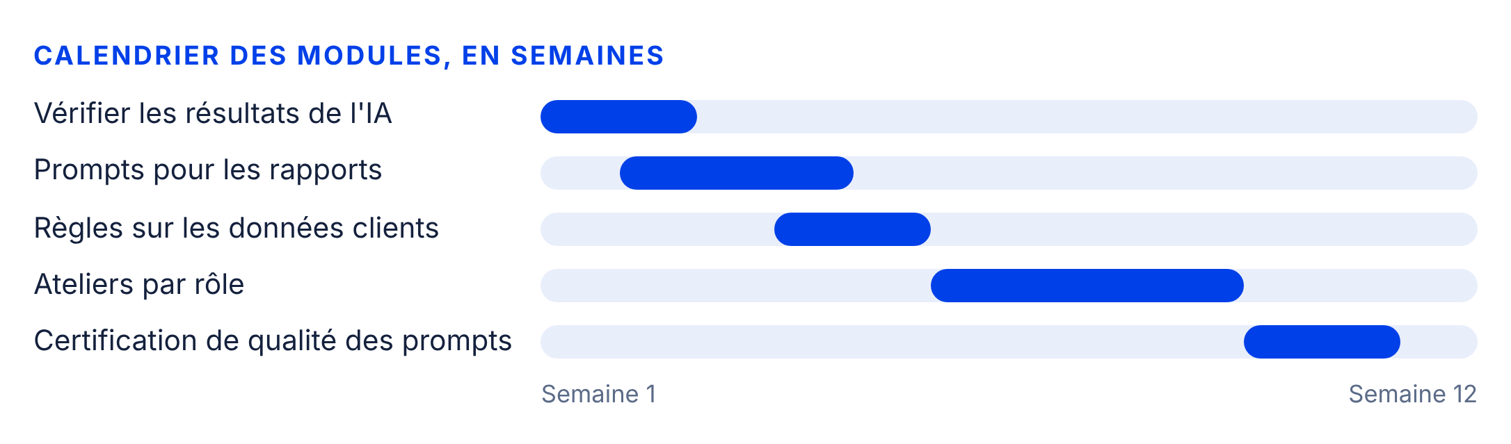 Calendrier de type Gantt de cinq modules de formation sur douze semaines.