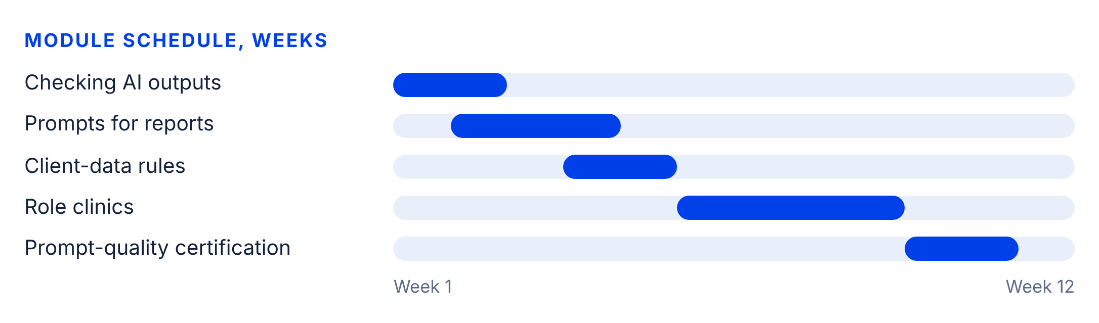 Gantt-style schedule of five training modules across twelve weeks.